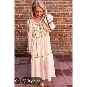 LA LAVON Prairie Modest Maxi Dress LARGE Cottage Tradwife Embroidery Long Sleeve